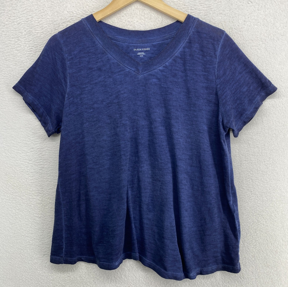 EILEEN FISHER Top M Organic Cotton Garment Printed Jersey Short Sleeve Blue